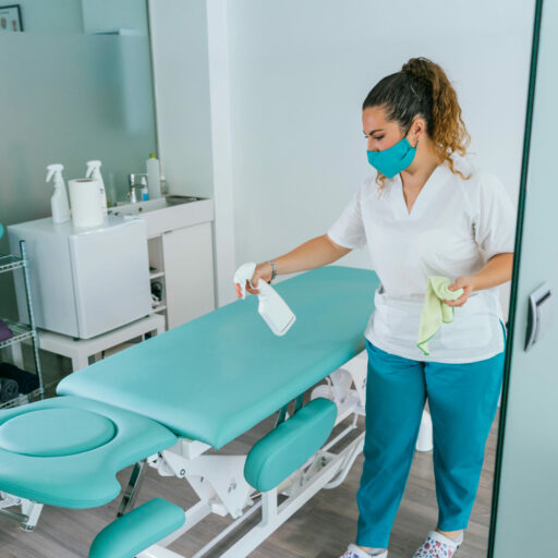 Therapeutin reinigt Behandlungsliege in Praxis